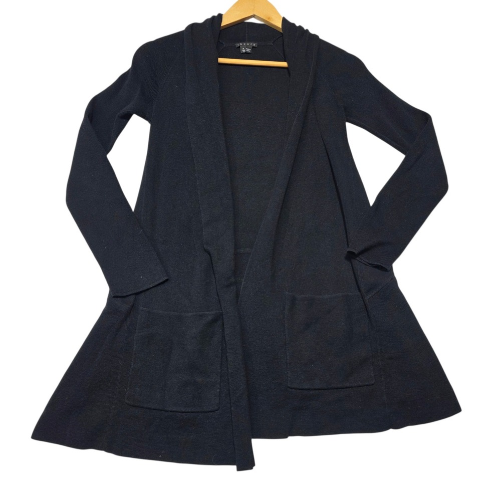 Theory Kalalyn Cardigan Women S Black Cotton Cashmere Open Front Draped Pockets